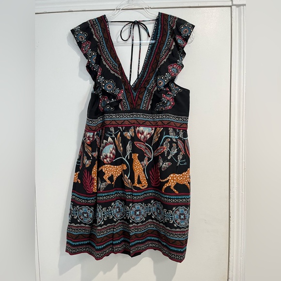 Anthropologie Black Floral & Animal Print Deep V Front Dress Sz. M‎ - Picture 4 of 11